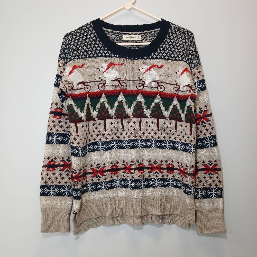Abercrombie Fitch womens medium seasonal fairisle wool sweater tan red